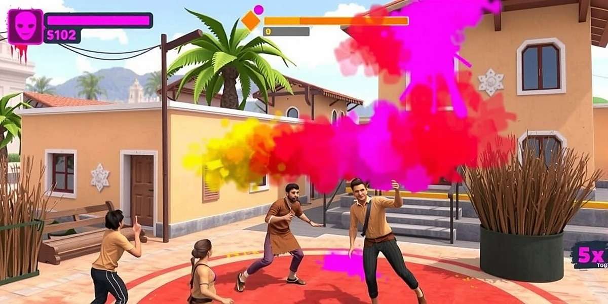 Holi Hustle gameplay showing players throwing colored powder at each other in a village setting